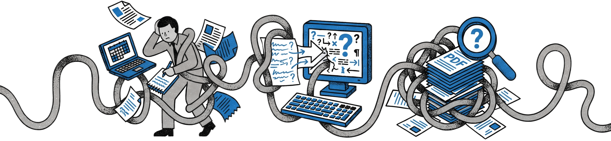 Illustration: Protokoll-Chaos mit überforderten Mitarbeitern, verstreuten Dokumenten und unübersichtlichen Systemen